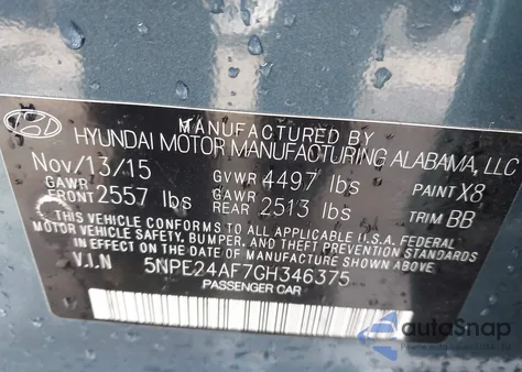 2016 Hyundai Sonata Se from USA, damaged, VIN 5NPE24AF7GH346375